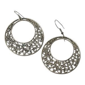 Vintage carved drop loop earrings silver plated jewelry. Unknown origin.